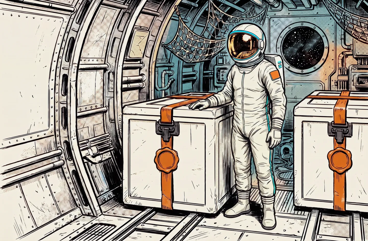 A comic panel: the astronaut stands in a cargo bay with one hand on a sealed crate.