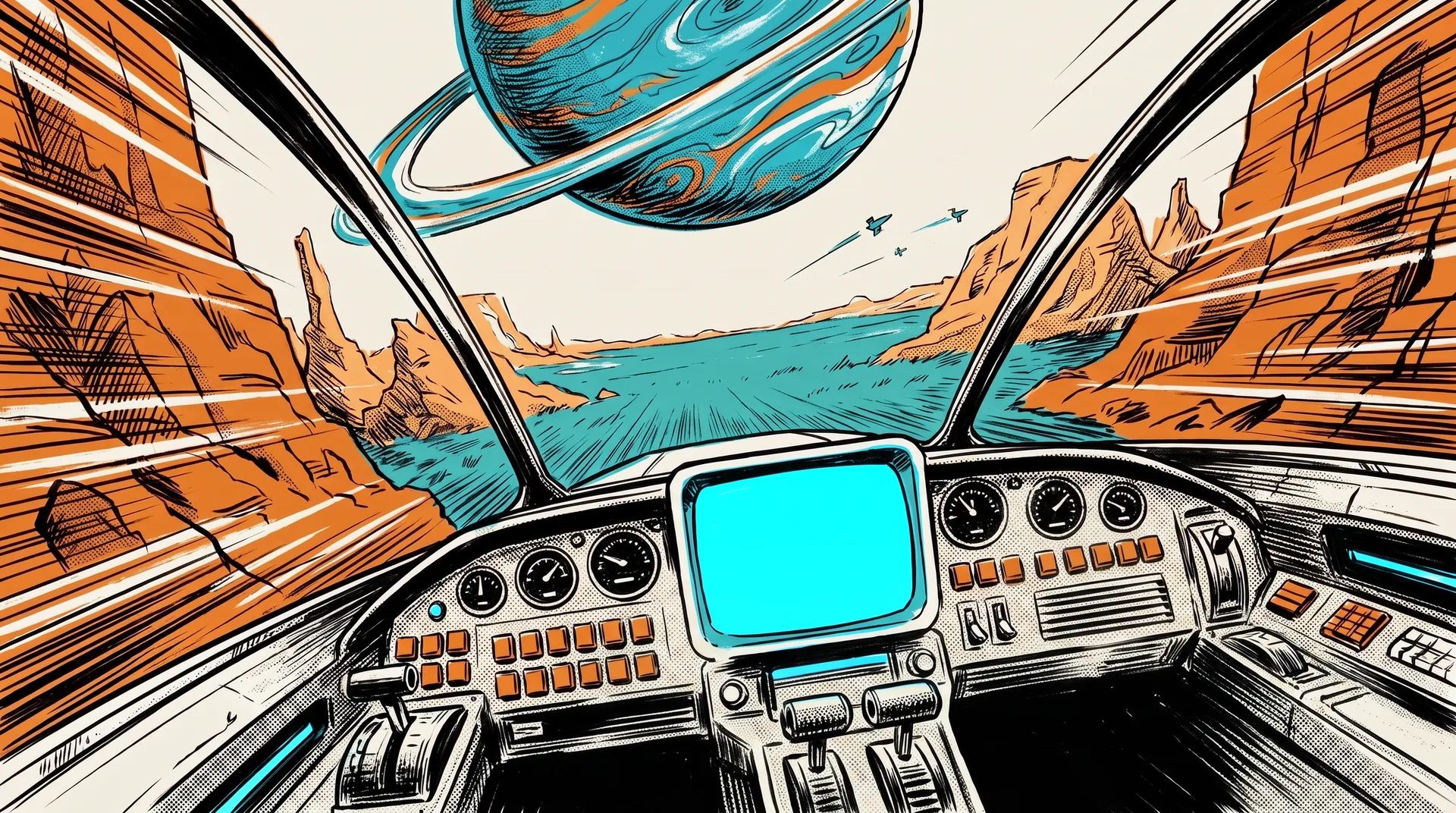 A comic panel from the eyes of a pilot: two gloved hands on two control sticks and one bright screen in the dashboard, while the ship banks through a canyon toward a huge ringed planet.