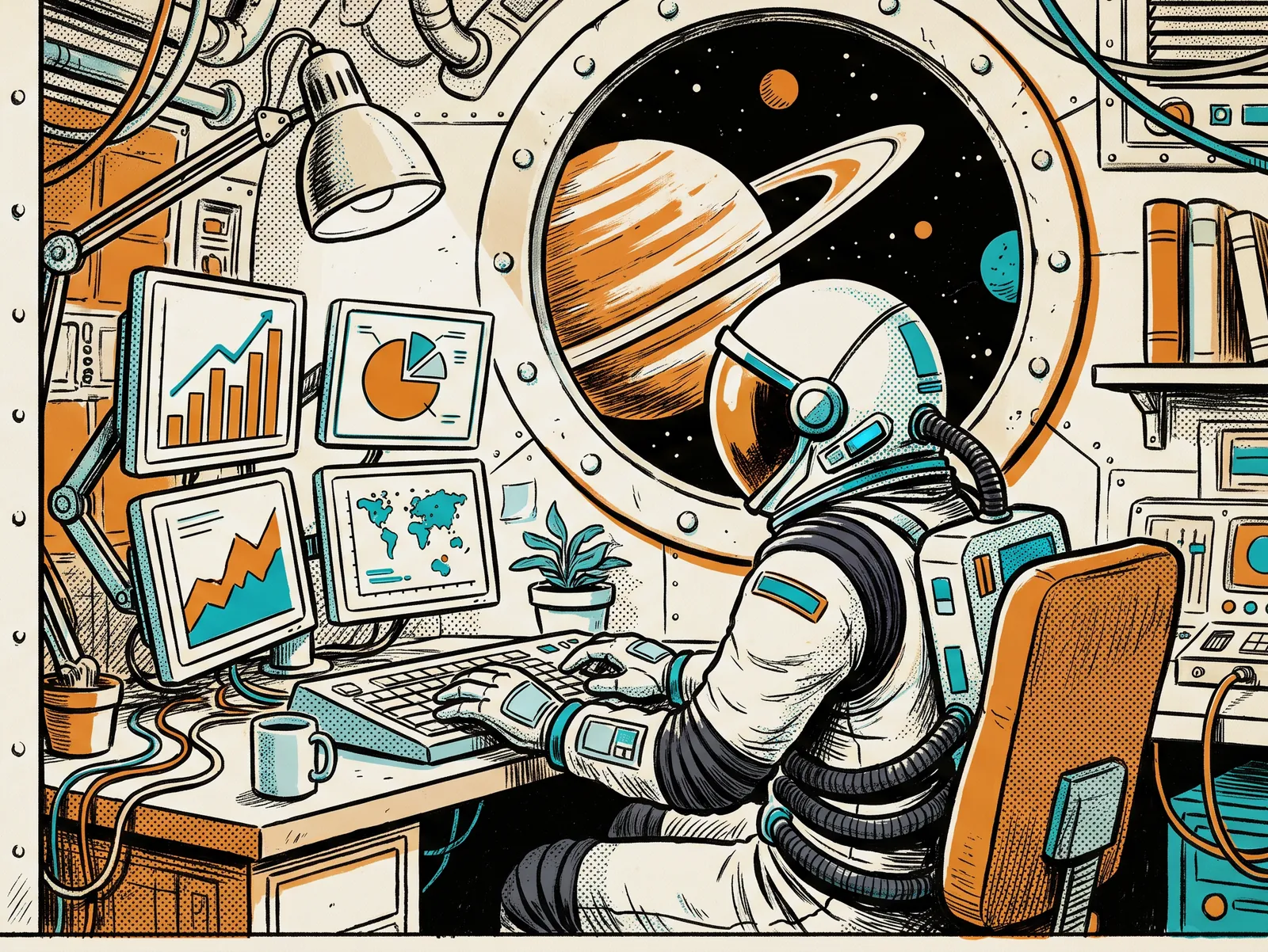 A comic panel: the astronaut types at a small desk with four screens of charts, under a round porthole with a ringed planet outside.