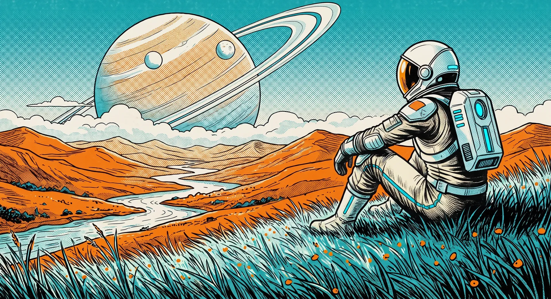 A comic panel: an astronaut in a cream suit sits in long grass on a hill and looks over orange hills and a winding river, under a huge ringed planet.