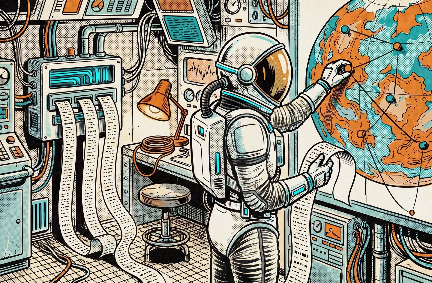 A comic panel: the astronaut holds a paper tape from a wall machine and presses a pin into a round wall map.