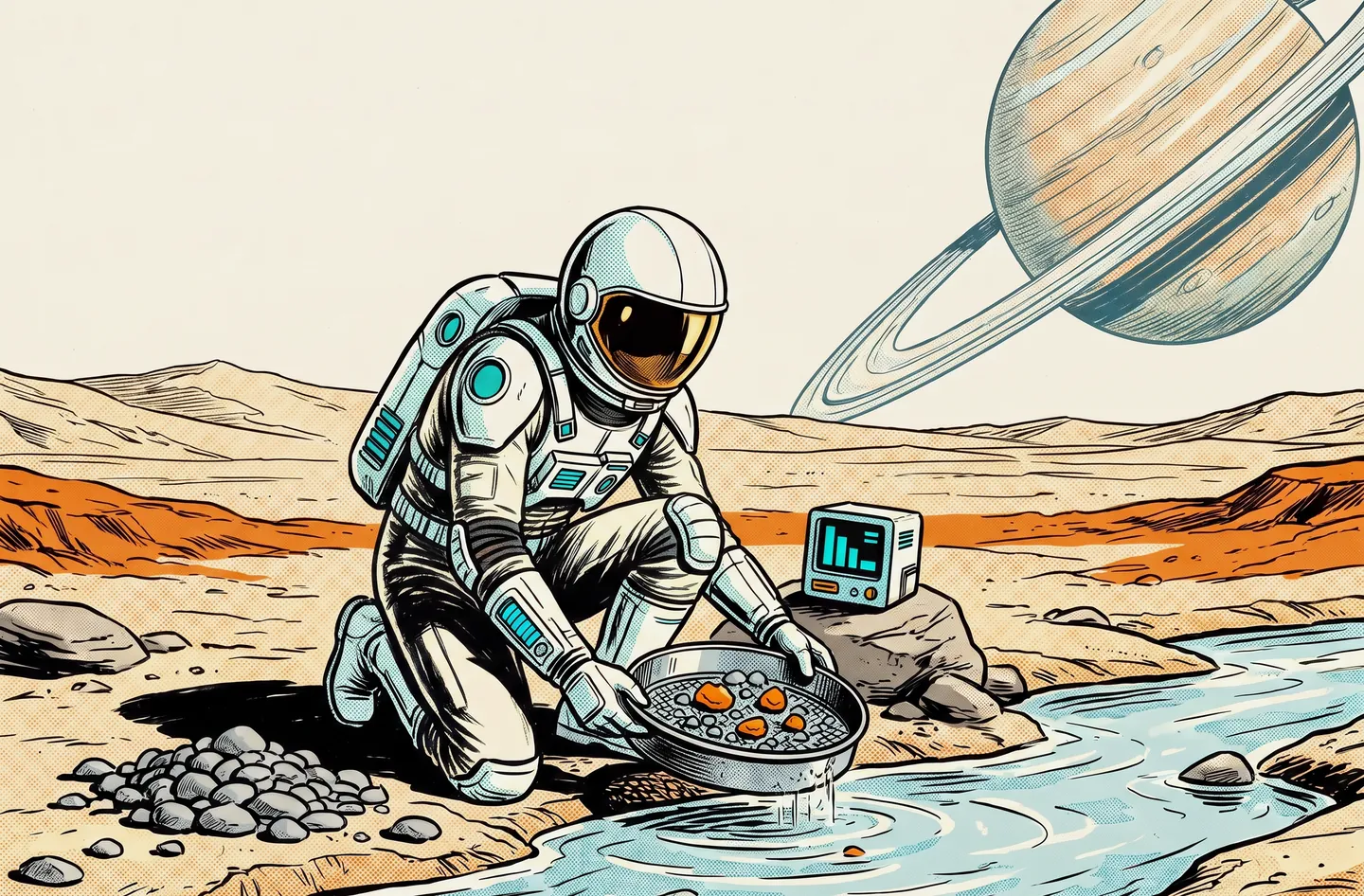 A comic panel: the astronaut kneels at a stream and holds a sieve pan with three orange nuggets among grey pebbles.