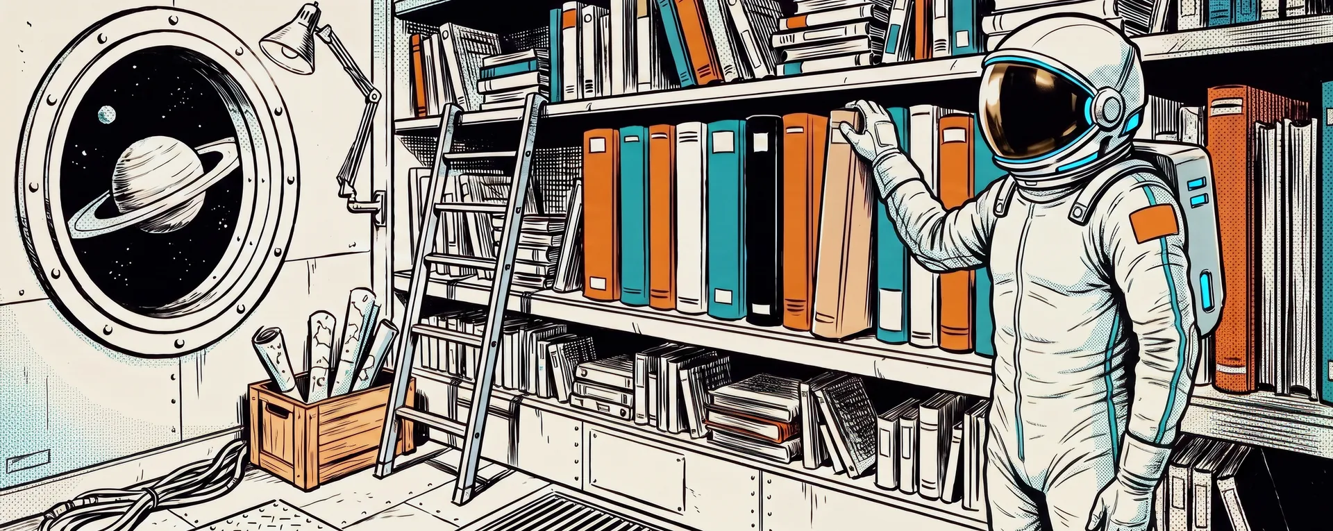 A comic panel: the astronaut takes one tall album from a long shelf of books in the small library of the ship. A round porthole shows a ringed planet.