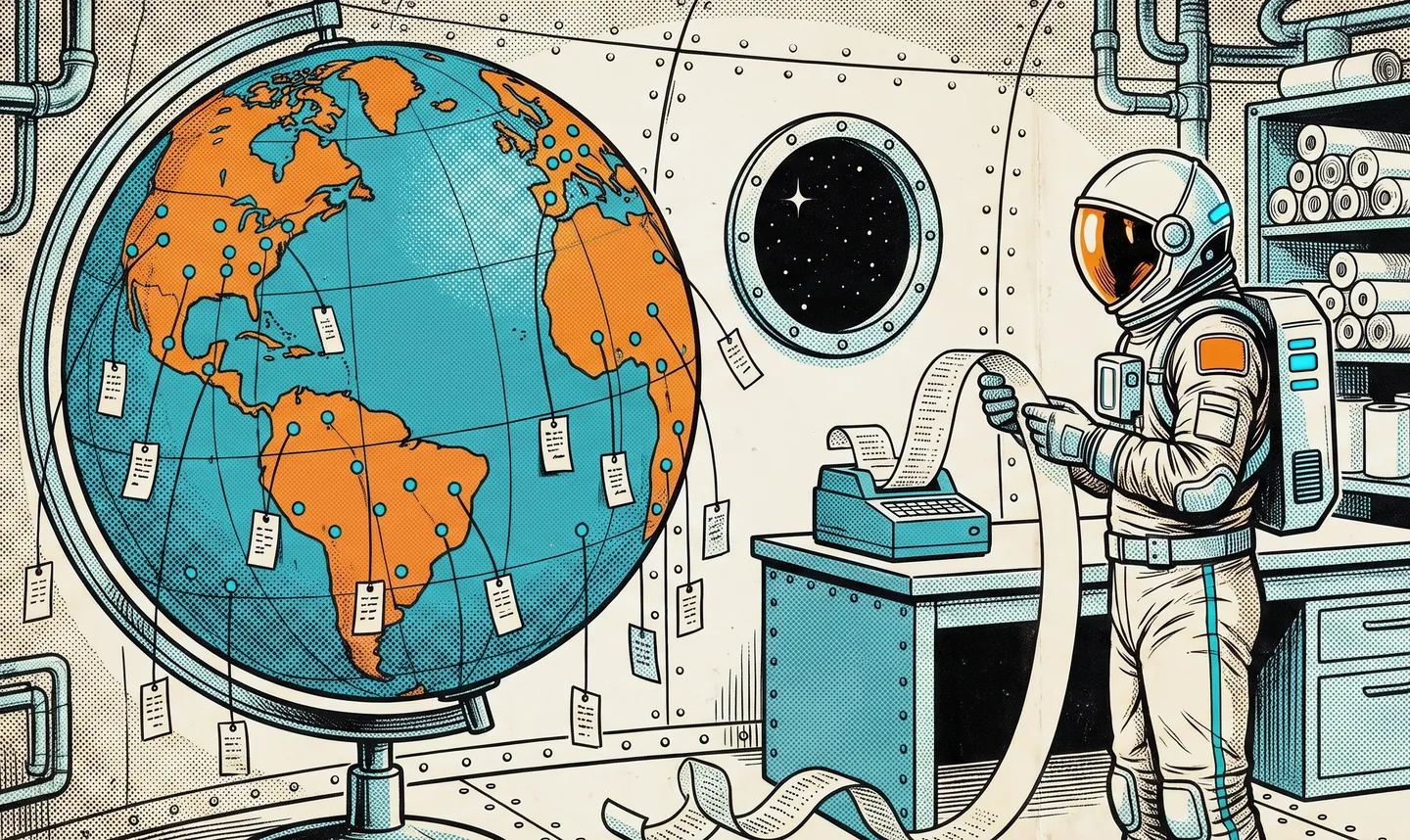 A comic panel: the astronaut stands beside a large globe covered with dots. A thread runs from each dot to a paper tag. The astronaut reads a long paper receipt from a small printer.