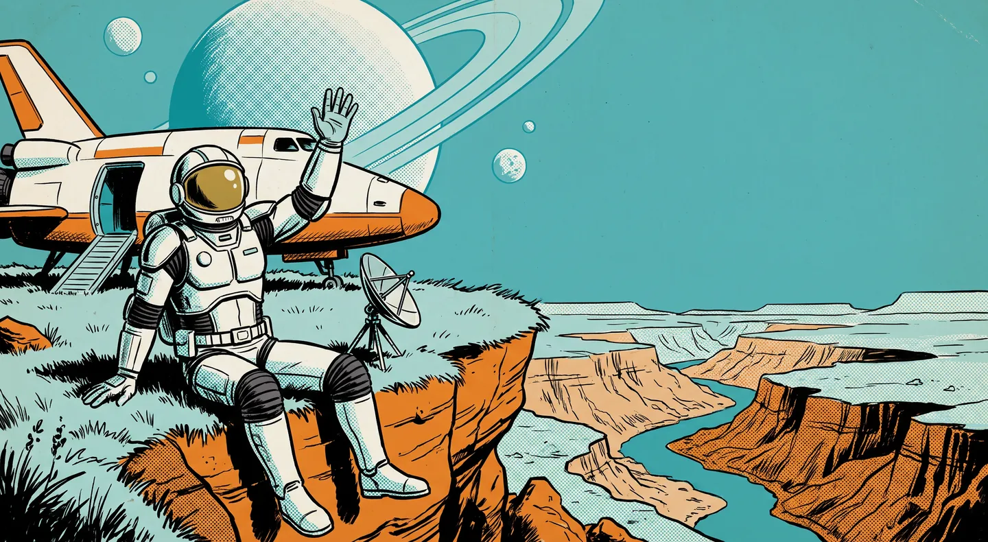A comic panel: the astronaut sits beside a small dish antenna on a grass ledge and waves. A white ship is parked behind.