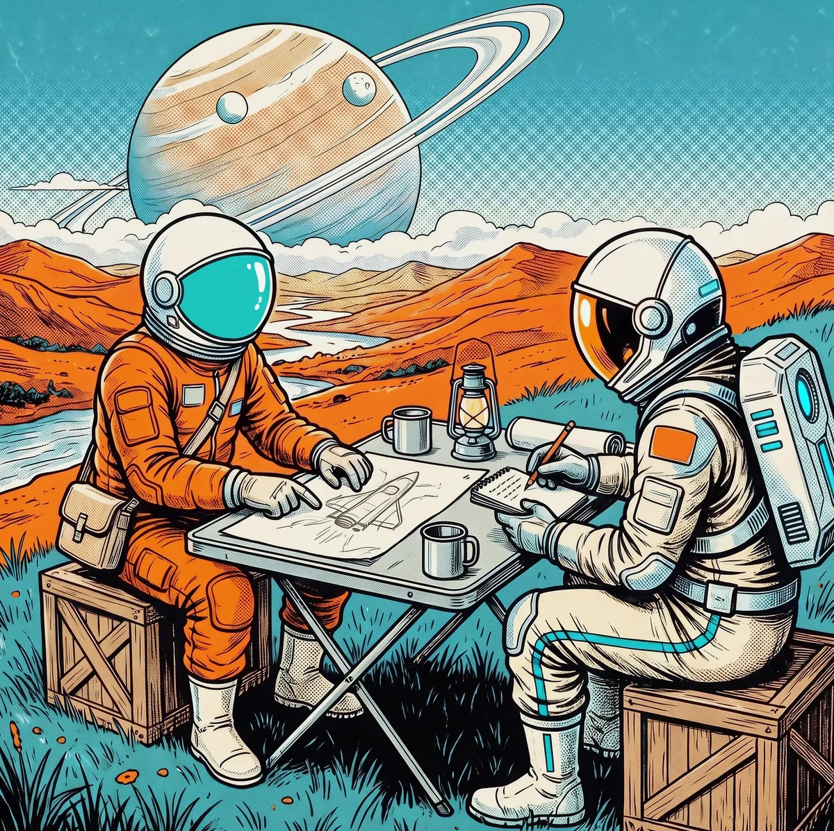 A comic panel: the astronaut and a traveller in an orange suit sit at a camp table on a grass hill. The traveller points at a rough sketch of a ship. The astronaut writes in a notebook.