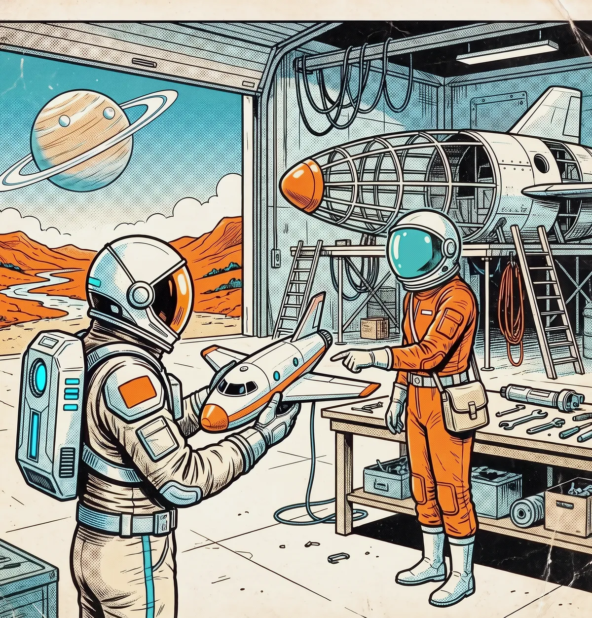 A comic panel: in a workshop, the astronaut holds up a small model of a ship. The traveller in the orange suit points at one wing of the model. The ship stands half built behind them.