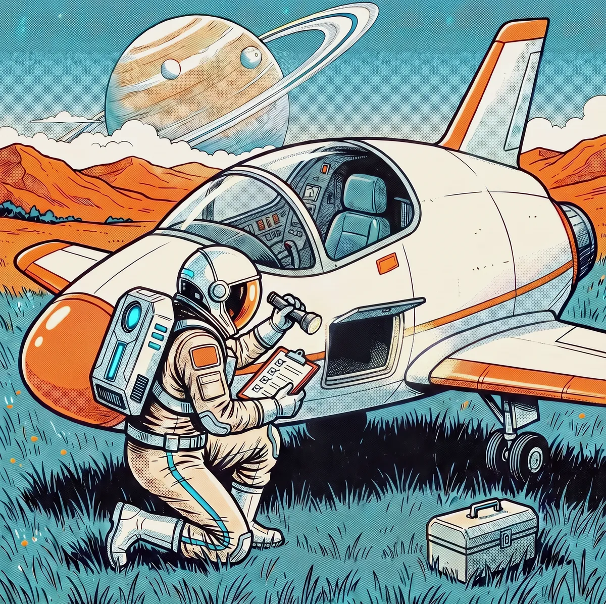 A comic panel: the astronaut kneels alone under the finished ship, holds a lamp up to an open hatch and holds a clipboard with a checklist.