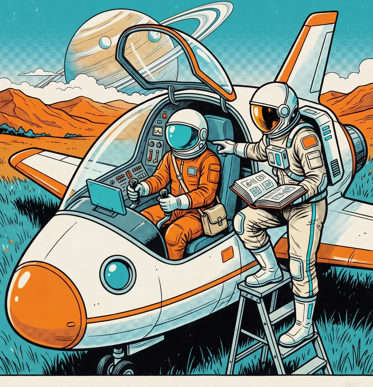 A comic panel: the traveller in the orange suit sits in the pilot seat of the ship. The astronaut stands on a step ladder beside the seat, points at the dashboard and holds an open manual.