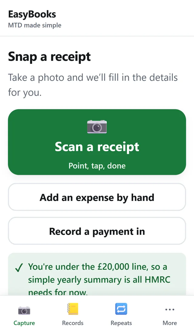 The EasyBooks capture screen on a phone, with a large green button to scan a receipt.