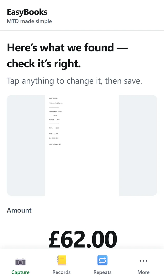A phone screen that shows what the app read from a receipt, with the amount in large figures.