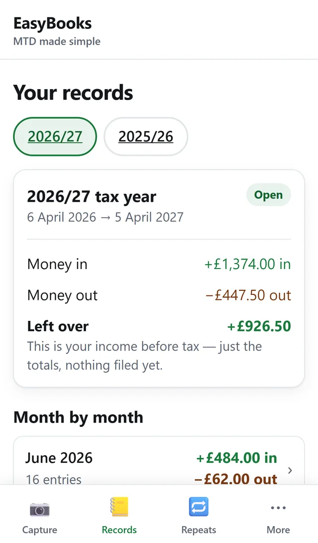 A phone screen of records for one tax year: money in, money out and what is left.