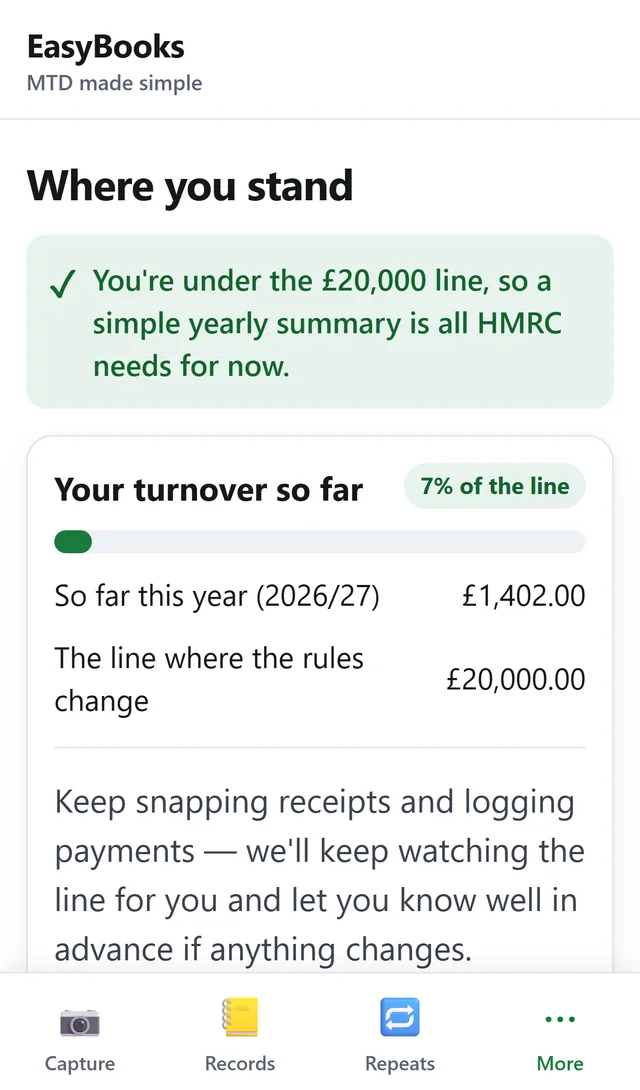 A phone screen that says where the person stands against the tax threshold.