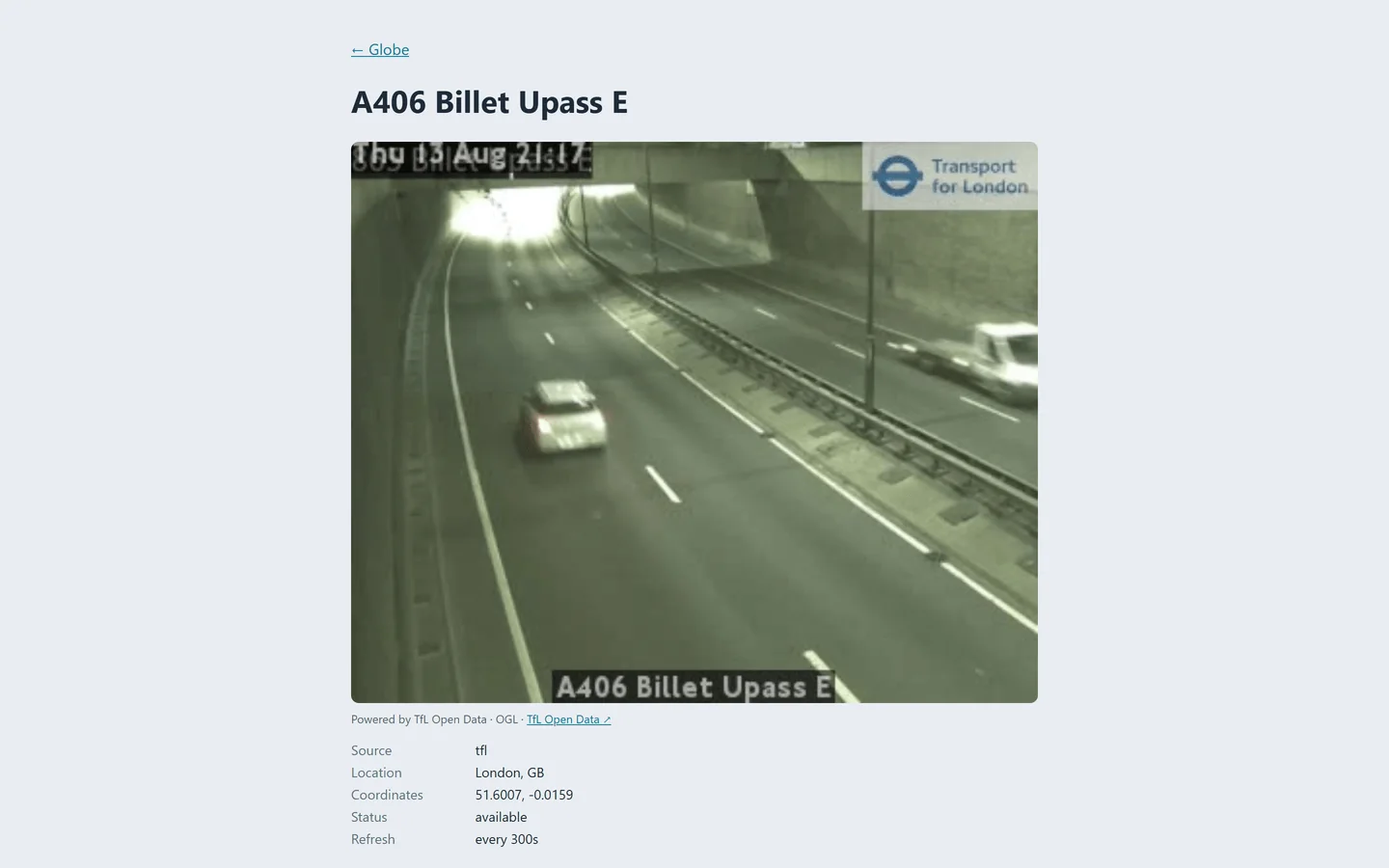A camera page titled 'A406 Billet Upass E'. A road camera still sits above a table of source, location, coordinates, status and refresh time.