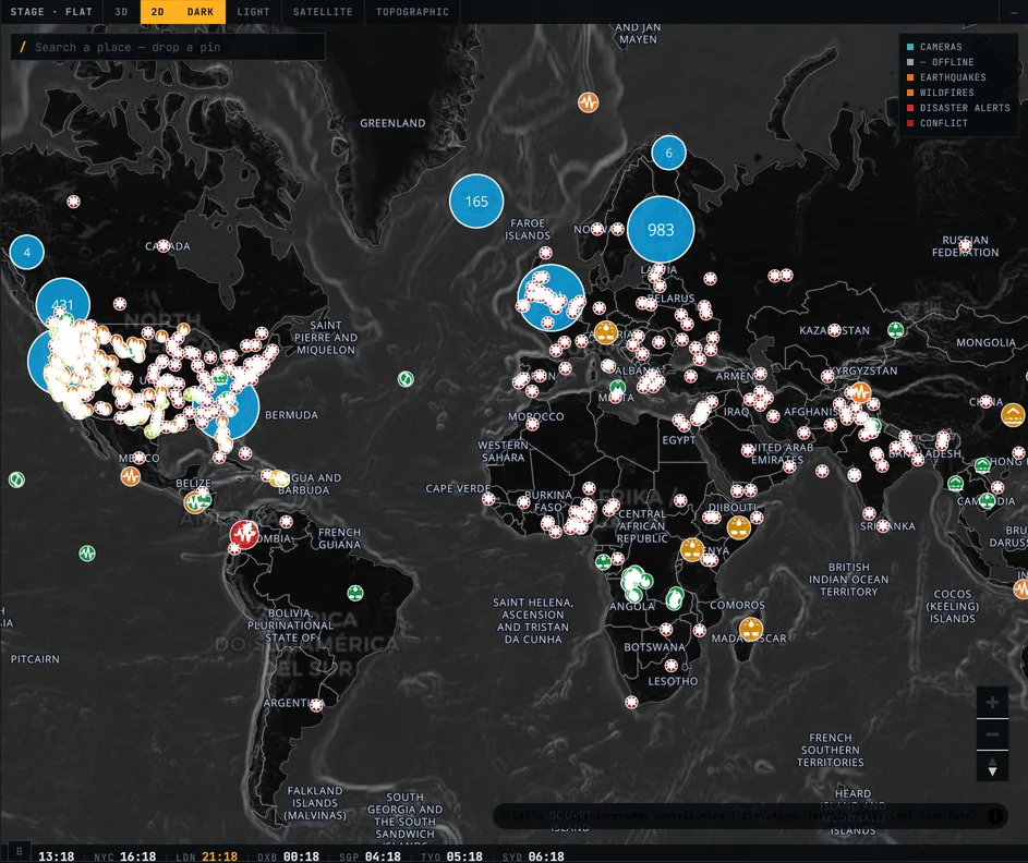 The Provenance console: a dark world map covered in clustered dots of cameras and events.