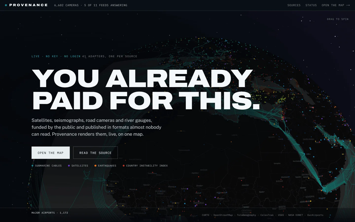 The Provenance landing page. A dark globe with teal cable lines and coloured dots sits behind the headline 'You already paid for this.'
