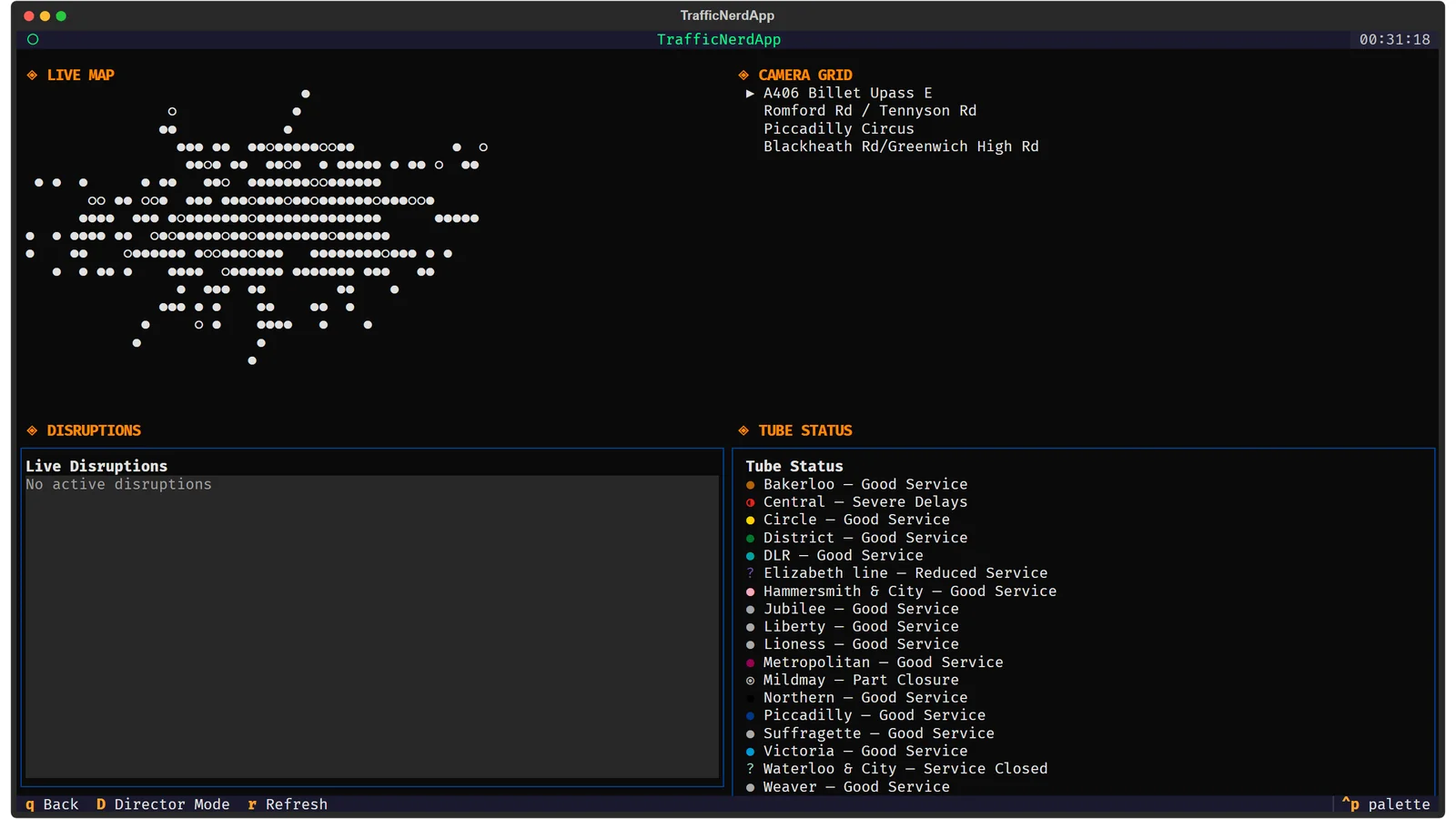The TrafficNerd Situation Room in a terminal: a map of dots, a camera list, a disruption feed and tube status.