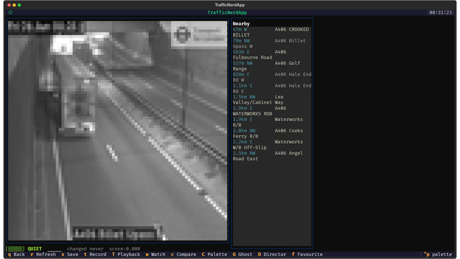 A road camera picture drawn in block characters in a terminal, with a list of nearby cameras.