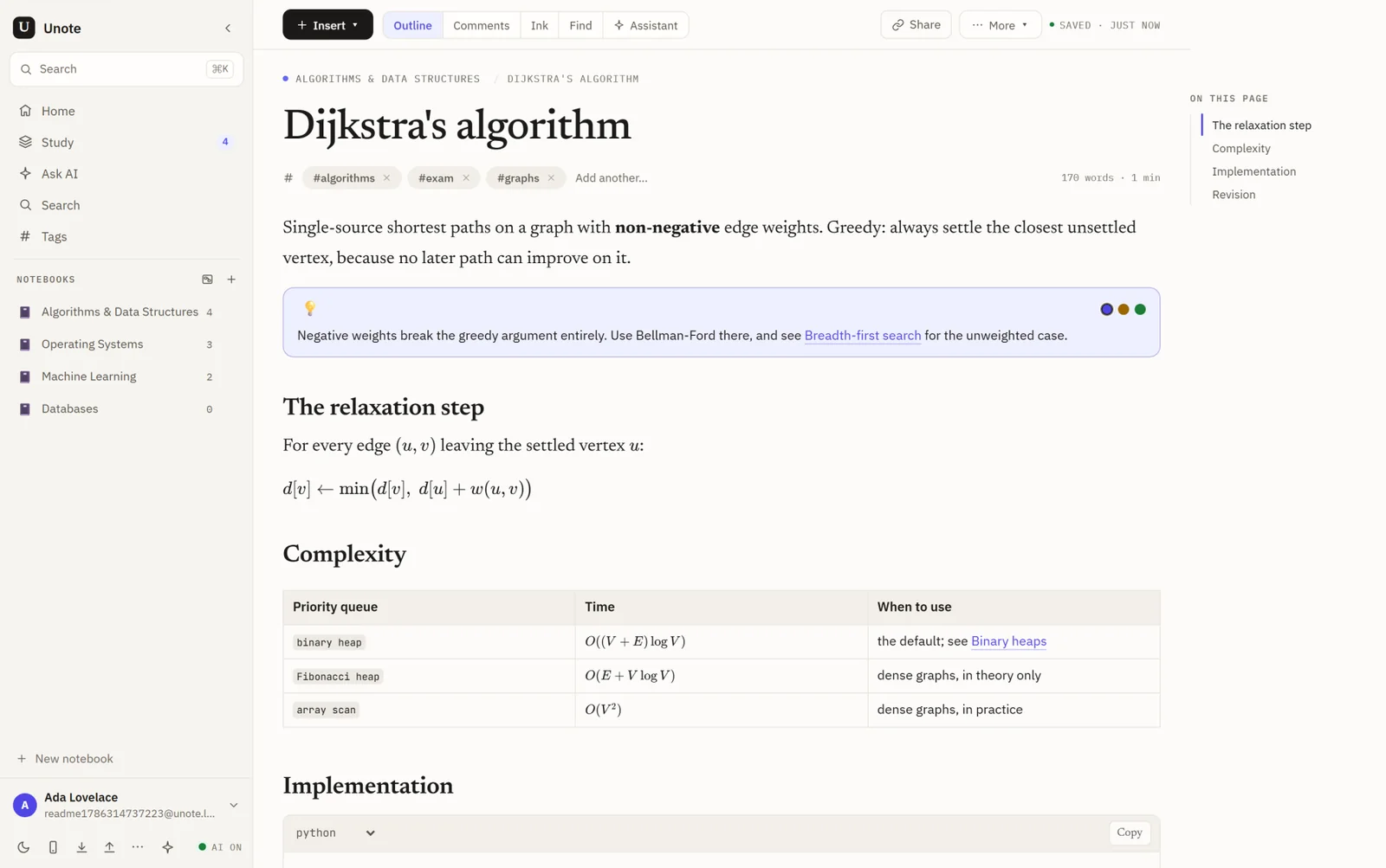 The Unote editor. A note titled Dijkstra's algorithm shows a callout, a formula and a table, with a list of notebooks on the left.