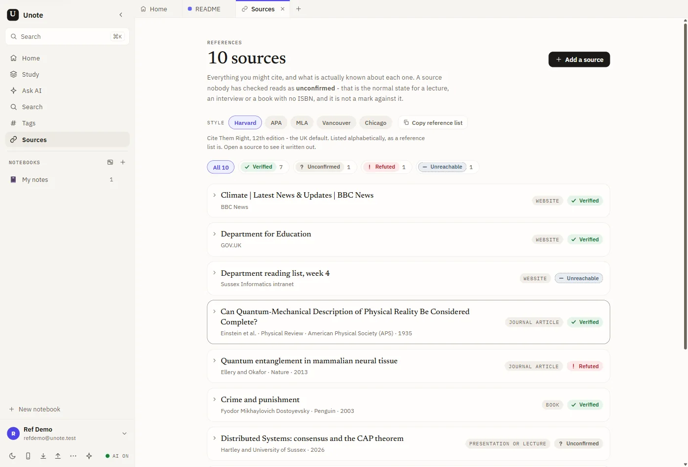 The Unote source library with ten sources. Each row carries a label such as Verified, Refuted or Unreachable.