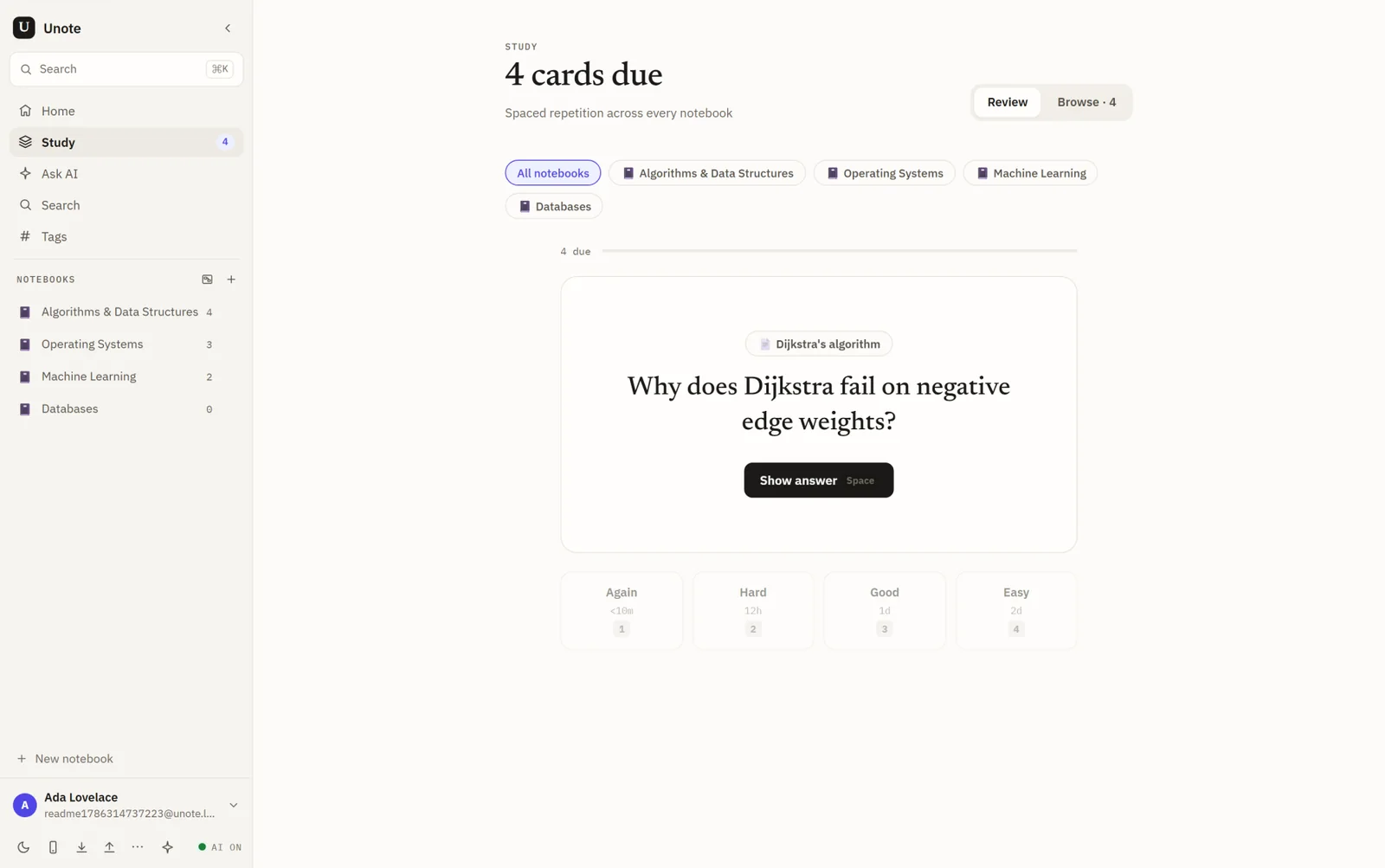The Unote study view with a flashcard that asks why Dijkstra fails on negative edge weights.